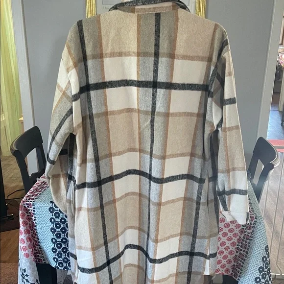 Plaid Long Button-Front Coat in Cream, Tan & Gray - Picture 3 of 3
